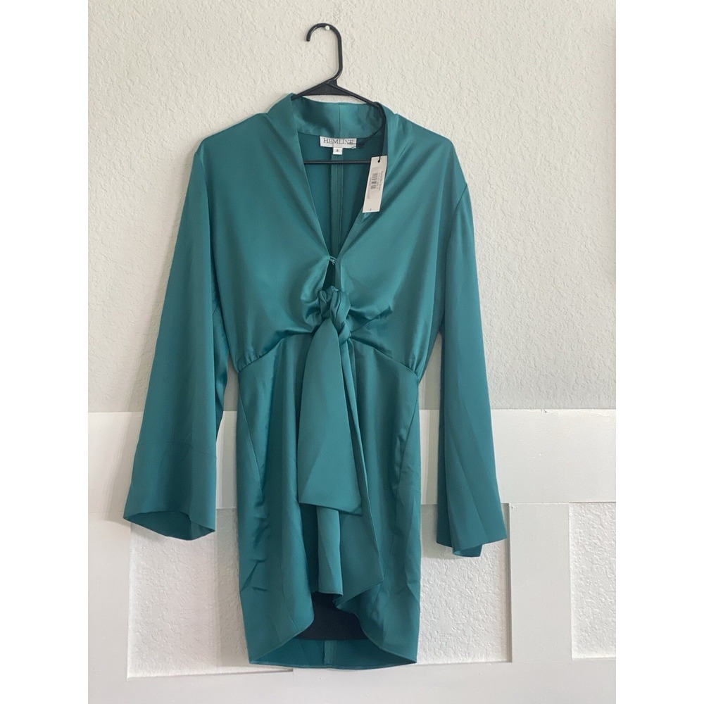 Hemline Sophie Mini Dress Jade Green Tie-Front Long Sleeve Satin Feel Small NWT